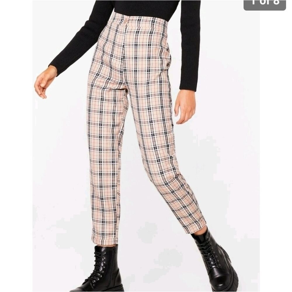 NWT Nasty Gal Pants Sz 2 Let's Take a Rain Plaid Tapered Pants Beige Black Red